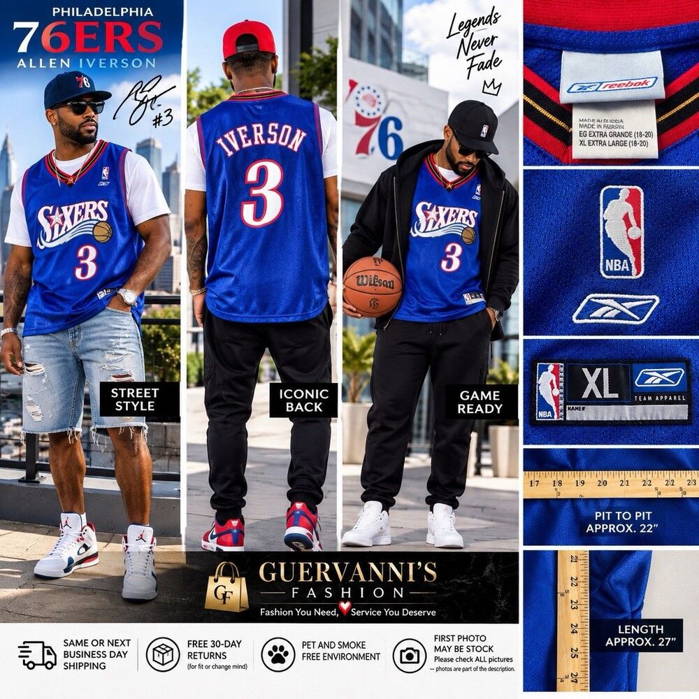 Allen Iverson Reebok Philadelphia 76ers Blue Jersey XL NBA Sixers Throwback NWOT
